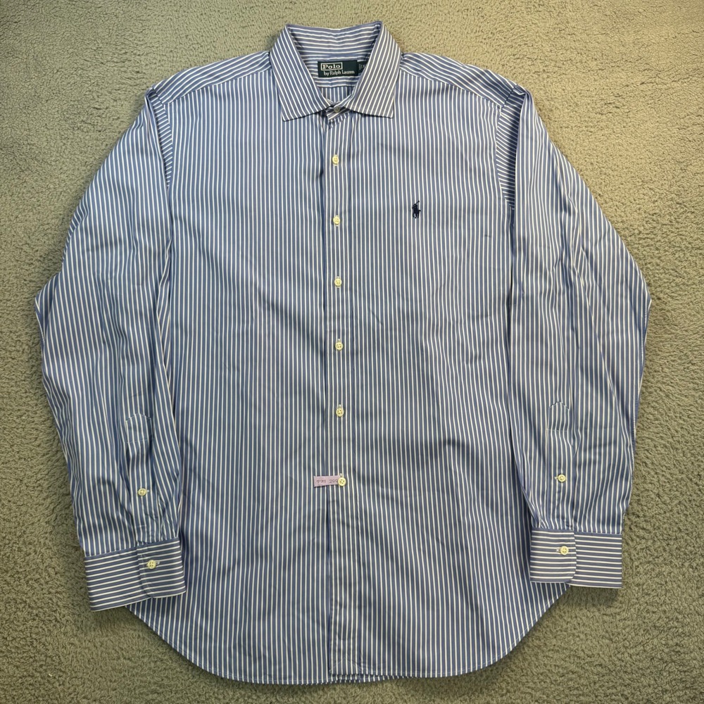 Polo Ralph Lauren Mens XL Blue White Striped Cotton Button Up Dress Shirt Pony